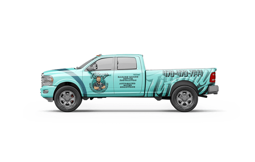 Tiffany Garage Doors and Gates service truck - professional garage door repair and custom iron gate installation serving Dahlonega, Alpharetta, Atlanta and North Georgia - Call 470-470-7144